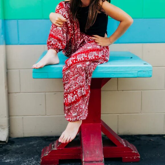 Kids Red Lotus Harem Pant Unisex Cotton Printed Travel Boho Hippie Pants Red - Picture 4 of 9